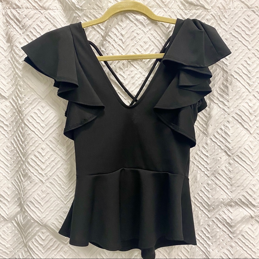 Dressy black top, ruffle sleeves, peplum bottom